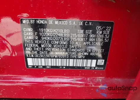 2023 Honda Hr-V Awd Ex-L z USA, uszkodzony, nr VIN 3CZRZ2H76PM702013